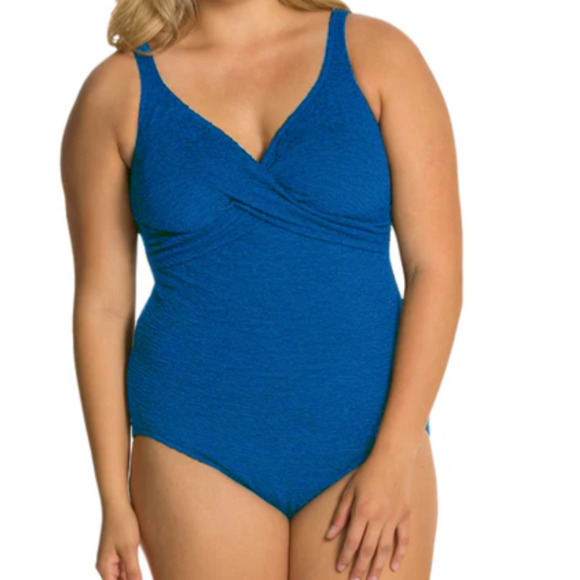New Penbrooke krinkle Crossover Chlorine Resistant Blue OnePiece Swimsuit Sz 24W - Picture 1 of 12